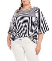 Karen Kane Plus Size Stripe Crew Neck 3/4 Flare Sleeve Pick-Up Top