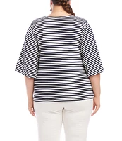 Karen Kane Plus Size Stripe Crew Neck 3/4 Flare Sleeve Pick-Up Top