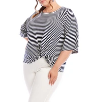Karen Kane Plus Size Stripe Crew Neck 3/4 Flare Sleeve Pick-Up Top