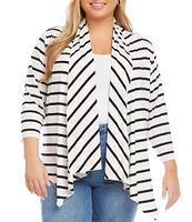 Karen Kane Plus Size Stripe Print Shawl Collar 3/4 Sleeve Asymmetrical Hem Open-Front Cardigan