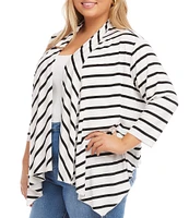 Karen Kane Plus Size Stripe Print Shawl Collar 3/4 Sleeve Asymmetrical Hem Open-Front Cardigan