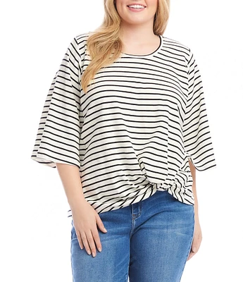 Karen Kane Plus Size Stripe Scoop Neck 3/4 Flare Sleeve Pick-Up Top