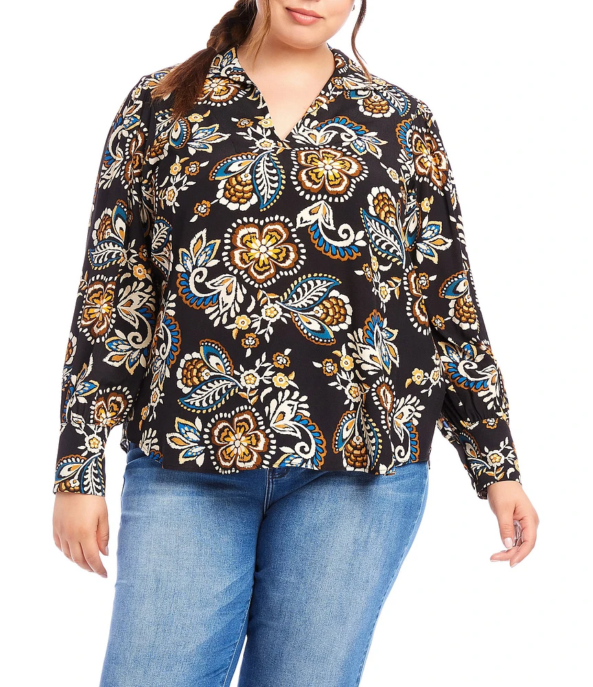 Karen Kane Plus Size Tapestry Flower Print Collared V-Neck Long Sleeve Blouse