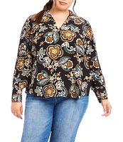 Karen Kane Plus Size Tapestry Flower Print Collared V-Neck Long Sleeve Blouse