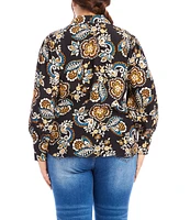 Karen Kane Plus Size Tapestry Flower Print Collared V-Neck Long Sleeve Blouse