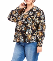 Karen Kane Plus Size Tapestry Flower Print Collared V-Neck Long Sleeve Blouse