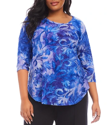 Karen Kane Plus Size Textured Burnout Tie Dye Print Crew Neck 3/4 Sleeve Shirttail Hem Top