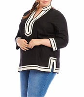 Karen Kane Plus Size The St. Tropez Mandarin Split V-Neck 3/4 Sleeve Contrast Trim Tunic