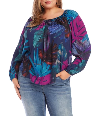 Karen Kane Plus Size Tropical Leaf Print Scoop Neck Long Blouson Sleeve Peasant Top