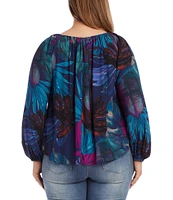 Karen Kane Plus Size Tropical Leaf Print Scoop Neck Long Blouson Sleeve Peasant Top