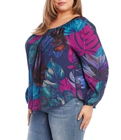 Karen Kane Plus Size Tropical Leaf Print Scoop Neck Long Blouson Sleeve Peasant Top