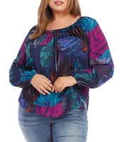 Karen Kane Plus Size Tropical Leaf Print Scoop Neck Long Blouson Sleeve Peasant Top