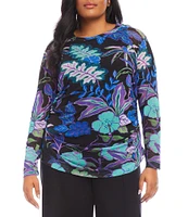 Karen Kane Plus Size Tropical Print Crew Neck Long Sleeve Side-Shirred Mesh Top