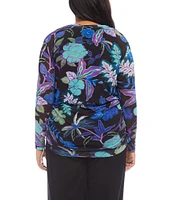 Karen Kane Plus Size Tropical Print Crew Neck Long Sleeve Side-Shirred Mesh Top