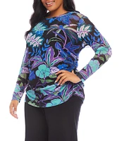 Karen Kane Plus Size Tropical Print Crew Neck Long Sleeve Side-Shirred Mesh Top