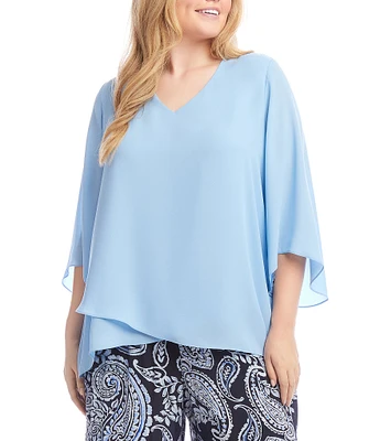 Karen Kane Plus Size V-Neck 3/4 Flutter Sleeve Asymmetric Crossover Hem Top