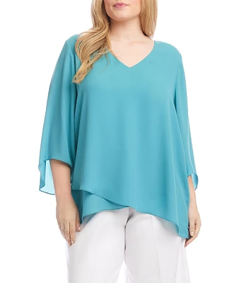 Karen Kane Plus Size V-Neck 3/4 Sleeve Crossover Hem Silky Crepe Top