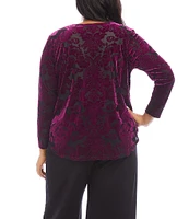 Karen Kane Plus Size Velvet Burnout Boat Neck Long Sleeve Shirttail Hem Top