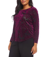 Karen Kane Plus Size Velvet Burnout Boat Neck Long Sleeve Shirttail Hem Top