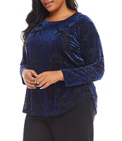 Karen Kane Plus Size Velvet Burnout Boat Neck Long Sleeve Shirttail Hem Top