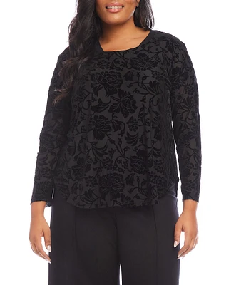 Karen Kane Plus Size Velvet Knit Burnout Floral Boat Neck Bracelet Sleeve Shirttail Hem Top