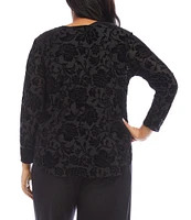 Karen Kane Plus Size Velvet Knit Burnout Floral Boat Neck Bracelet Sleeve Shirttail Hem Top