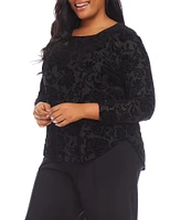 Karen Kane Plus Size Velvet Knit Burnout Floral Boat Neck Bracelet Sleeve Shirttail Hem Top