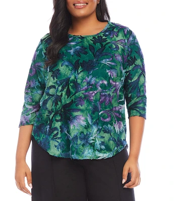 Karen Kane Plus Size Watercolor Abstract Burnout Print Crew Neck 3/4 Sleeve Shirttail Hem Top