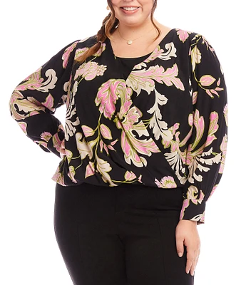 Karen Kane Plus Size Woven Floral Surplice V-Neck Long Sleeve Layered Drape Front Coordinating Blouse