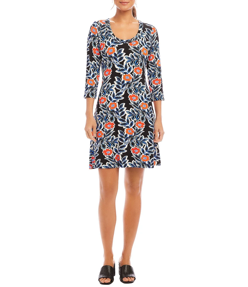 Karen Kane Poppy Print Scoop Neck 3/4 Sleeve A-Line Dress
