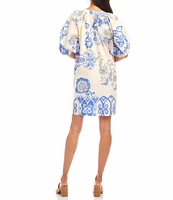 Karen Kane Printed Cotton Split Neck Puff Sleeve Shift Dress