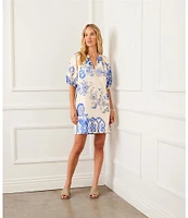 Karen Kane Printed Cotton Split Neck Puff Sleeve Shift Dress