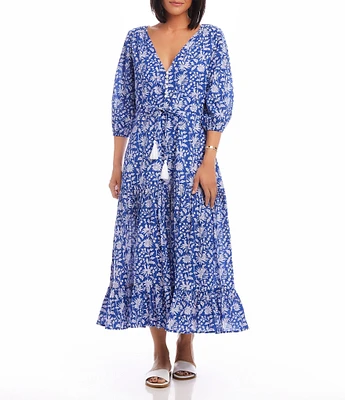 Karen Kane Printed V-Neck Puff Sleeves Drawstring Tassel Tiered Midi Dress