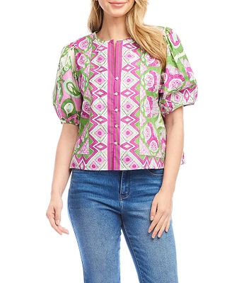 Karen Kane Printed Woven Split Round Neck Short Puff Sleeve Button-Front Shirt