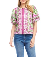 Karen Kane Printed Woven Split Round Neck Short Puff Sleeve Button-Front Shirt