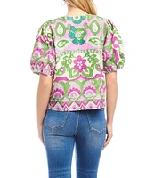 Karen Kane Printed Woven Split Round Neck Short Puff Sleeve Button-Front Shirt
