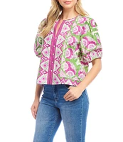 Karen Kane Printed Woven Split Round Neck Short Puff Sleeve Button-Front Shirt