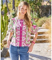 Karen Kane Printed Woven Split Round Neck Short Puff Sleeve Button-Front Shirt