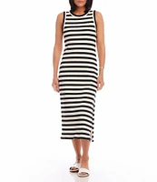 Karen Kane Rib Knit Stripe Print Scoop Neck Sleeveless Shift Midi Dress