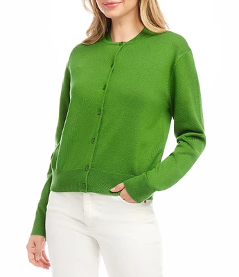 Karen Kane Ribbed Crew Neck Long Sleeve Button Front Cardigan