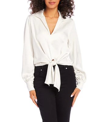 Karen Kane Satin Collared Long Sleeve Tie Front Top