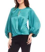 Karen Kane Satin Keyhole Crossover 3/4 Sleeve Top