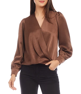 Karen Kane Satin Surplice V Neckline Drape Front Top