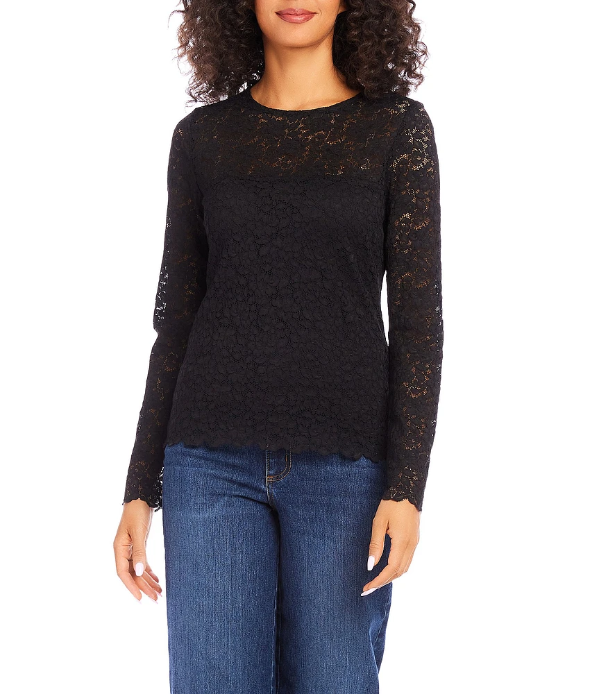 Karen Kane Scalloped Lace Crew Neck Long Sleeve Top