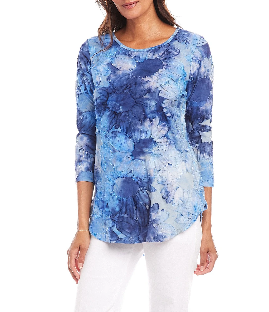 Karen Kane Scoop Neck 3/4 Sleeve Stretch Tie-Dye Burnout Top