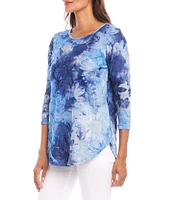 Karen Kane Scoop Neck 3/4 Sleeve Stretch Tie-Dye Burnout Top