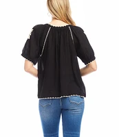 Karen Kane Scoop Neck Short Puff Sleeve Stitched Embroidery Peasant Button Front Top