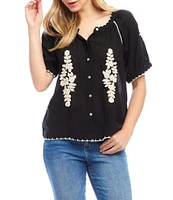 Karen Kane Scoop Neck Short Puff Sleeve Stitched Embroidery Peasant Button Front Top