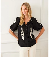 Karen Kane Scoop Neck Short Puff Sleeve Stitched Embroidery Peasant Button Front Top