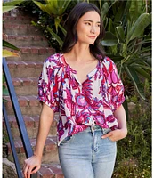 Karen Kane Scoop Neck Short Sleeve Print Peasant Top